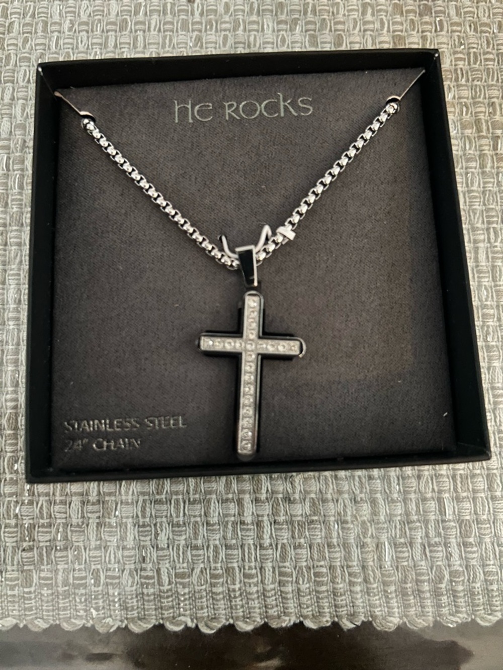 Rocks Silver-Tone Cross Pendant Necklace with Crystal Accents
